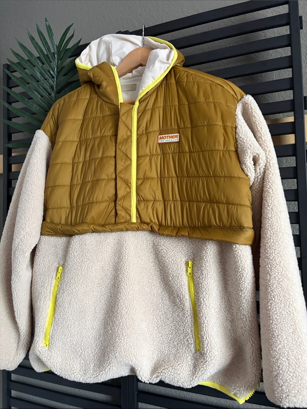 MOTHER Two-Tone Puffer & Sherpa Jacket in Mustard and Cream